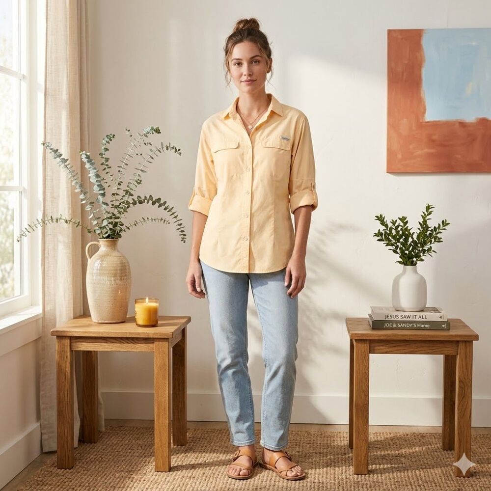 ExOfficio Shirt Womens M Yellow Button Up Long Sleeve Roll Tab Hiking Outdoor